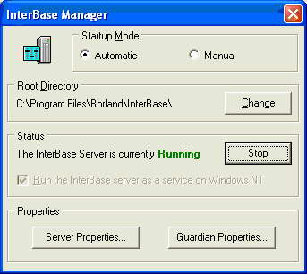 Окно службы InterBase Manager