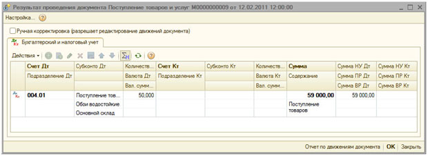 Движения документа Поступление товаров и услуг