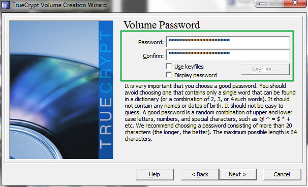 Окно создания пароля для зашифрованного тома в TrueCrypt