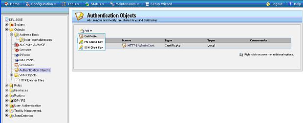 Создание объекта с использованием сертификатов в межсетевых экранах NetDefend 