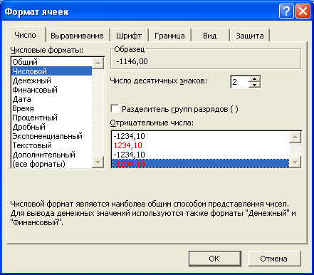 Установка формата отрицательных чисел во вкладке "Число" диалогового окна "Формат ячеек"
