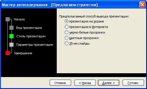 Создание презентации с использованием мастера автосодержания. Выбор способа демонстрации