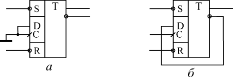 Включение D-триггера для замены RS-триггера (а) и JK-триггера в счетном режиме (б)