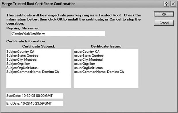 Диалоговое окно Merge Trusted Root Certificate Confirmation (Подтверждения добавления доверенного корневого сертификата)