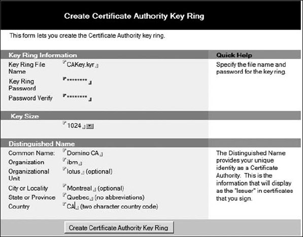 Форма Create Certificate Authority Key Ring (Создание кольца для ключей источника сертификатов)