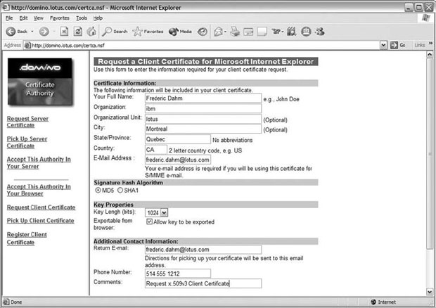 Форма Request a Client Certificate for Microsoft Internet Explorer (Запрос клиентского сертификата для Microsoft Internet Explorer)