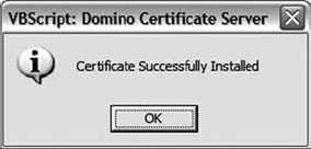Сообщение об успешной установке сертификата.