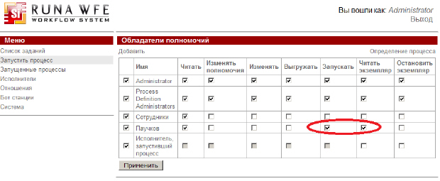 Окно обладателей полномочий на определение бизнес-процесса