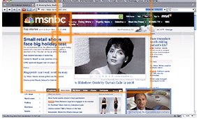 Снимок с экрана msnbc.msn.com с наложенными первыми  семью золотыми прямоугольниками. Размеры четвертого и пятого прямоугольников иллюстрируют природу сетки компоновки страницы в целом