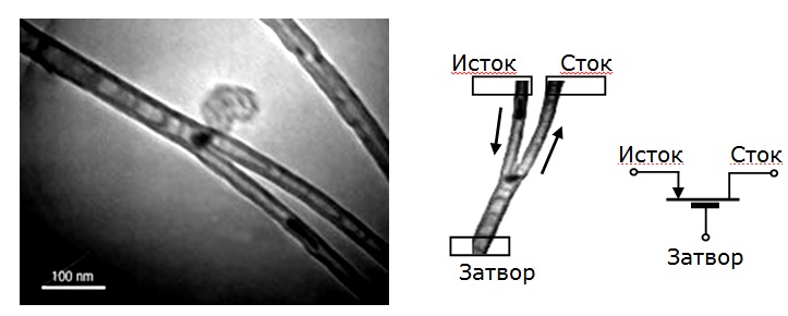 Слева – изображение в атомном силовом микроскопе УНТ с Y-разветвлением; в центре – схема формирования электродов к такой УНТ; справа – условное изображение транзистора