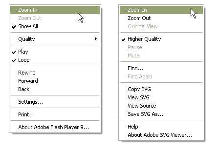  Меню Adobe  Flash плеера и плагина Adobe SVG Viewer