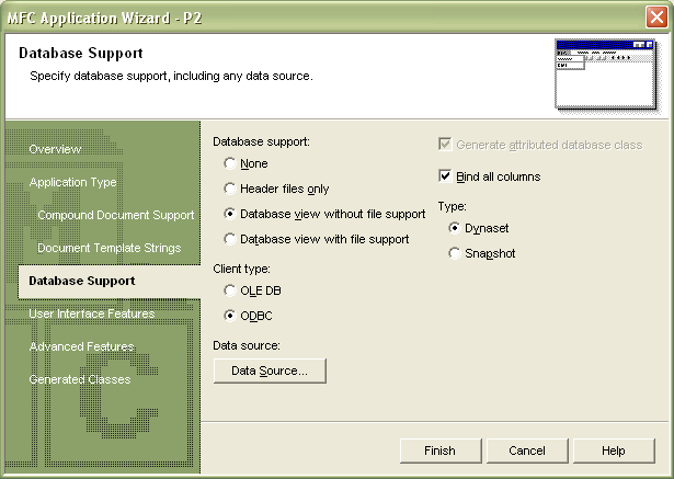 Страница Database Support мастера MFC Application Wizard