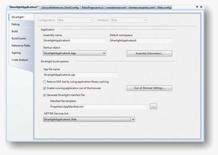 Изменение свойств проекта Silverlight для работы с .NET RIA сервисами