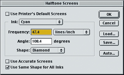 Диалоговое окно Halftone Screens