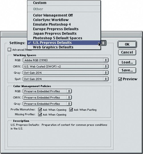 Готовые наборы в диалоговом окне Color Settings