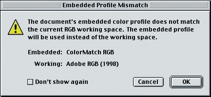 Бесполезное предупреждение о несоответствии встроенного профиля (Это предупреждение не слишком полезно. Если вы действительно хотите получать информацию о несоответствии профилей, включите флажок предупреждения Profile Mismatch)