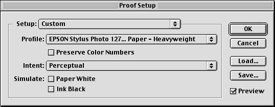 Диалоговое окно Proof Setup (Диалоговое окно Proof Setup позволяет управлять преобразованиями из пространства документа в пространство цветопробы и из пространства цветопробы на монитор)