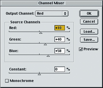 Синий канал содержит намного больше деталей, чем красный или зеленый, поэтому мы используем смешение каналов для включения некоторых деталей синего канала в красный и зеленый каналы, что дает результат, показанный справа 