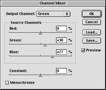 Редактирование в диалоговом окне Channel Mixer снижает насыщенность светлых тонов и немного увеличивает детализацию