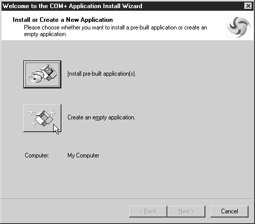 Окно Install Or Create A New Application (Установка или создание нового приложения) мастера установки приложения COM+