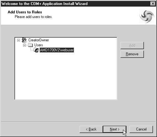 Окно Add Users To Roles (Добавление пользователей в роли) мастера установки приложения COM+ с учетной записью, добавленной в роль CreatorOwner.
