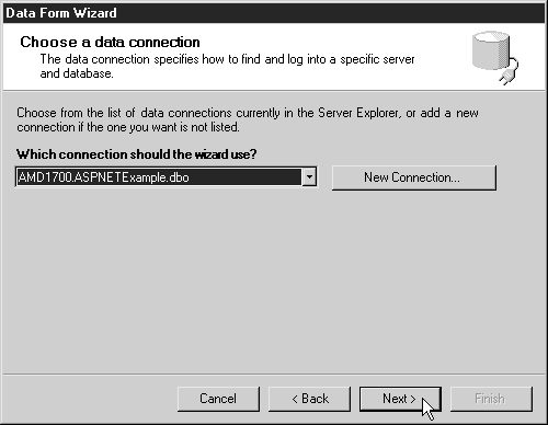 Окно Choose A Data Connection (Выберите подключение к данным) мастера форм данных