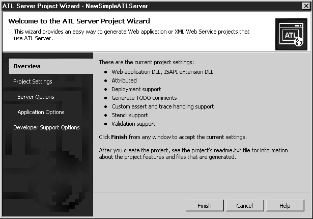 Окно Overview (Обзор) мастера проекта сервера ATL