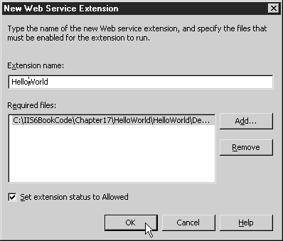 Диалоговое окно New Web Service Extension (Новое расширение веб-службы)