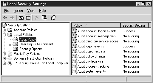 Политика аудита в окне Local Security Settings (Параметры локальной безопасности)