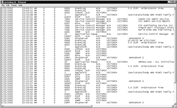 Файл регистрации системных событий (System Event Log), полученный инструментом dumpel