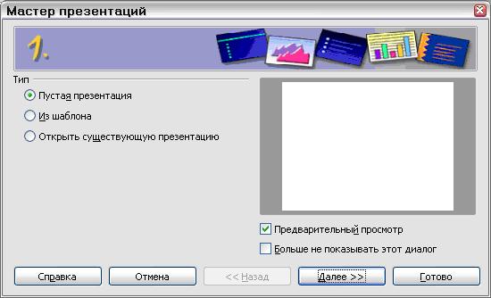 Использование Мастера Презентаций для выбора типа презентации