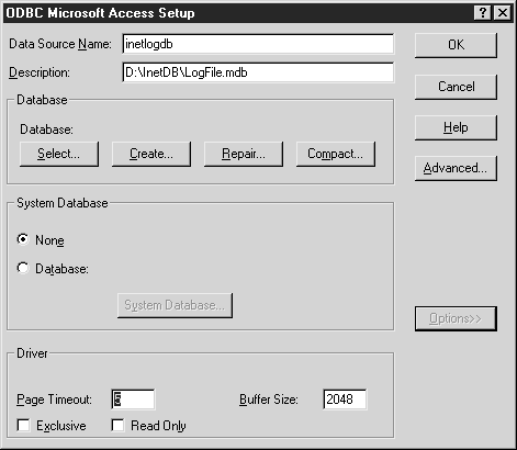 Окно ODBC Microsoft Access Setup (Установка драйвера ODBC для Microsoft Access)