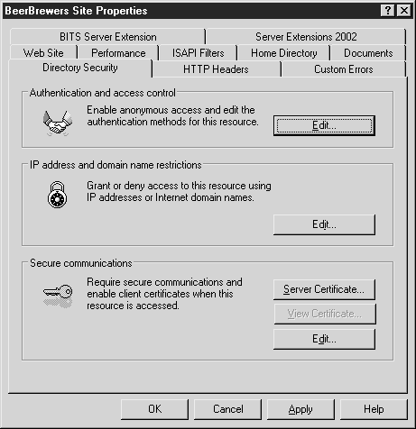 Вкладка Directory Security (Безопасность каталога)