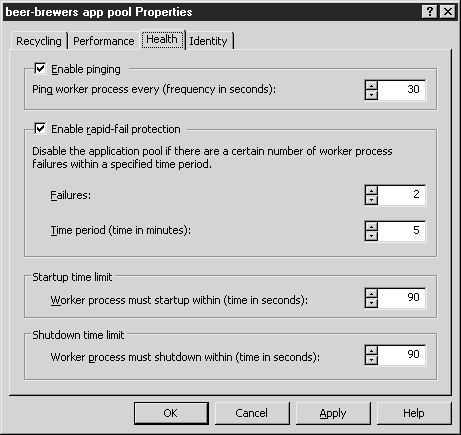 Ping интервал. App Pool properties. Server 2003 DEFAULTAPPPOOL настройка IIS где находится. List Health Tab.