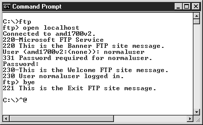 Демонстрационное диалоговое окно с сообщениями FTP-сервера для пользователя