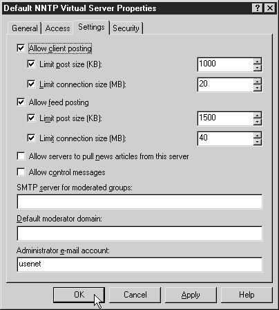 Вкладка Settings (Параметры) в окне свойств виртуального сервера NNTP