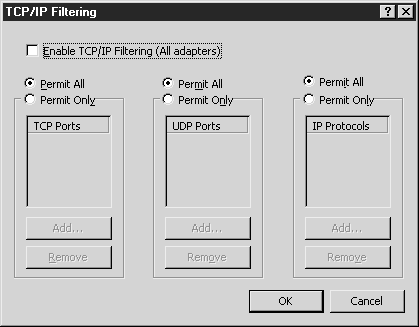 Окно TCP/IP Filtering (Фильтрация TCP/IP)