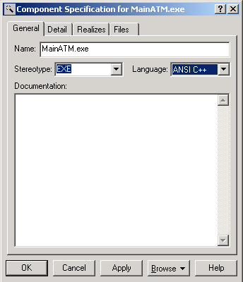 Окно спецификации свойств компонента MainATM.exe при выборе языка его реализации