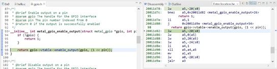 Функция metal_gpio_enable_output() при пошаговом выполнении 