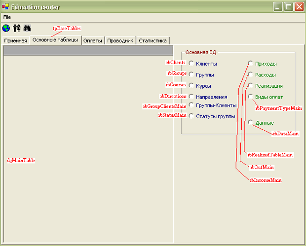 Форма frmManager, страница "Основные таблицы"