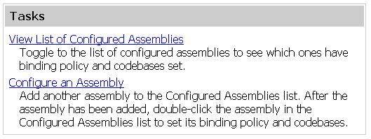Список задач на вкладке Configured Assemblies консоли управления .NET Framework 1.1