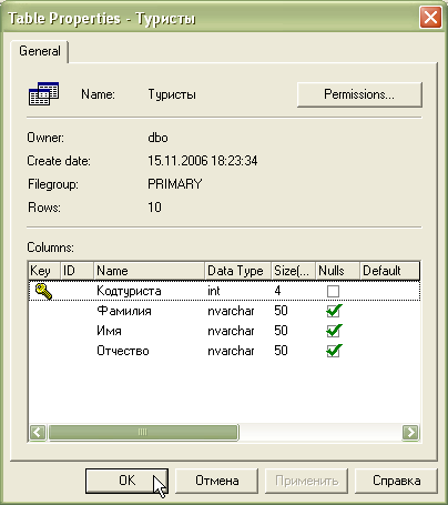  Просмотр свойств таблицы "Туристы"  в SQL Server Enterprise Manager