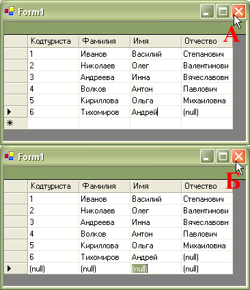  Готовое приложение "VisualAllSqlCommands". А - закрытие формы при редактировании текущей записи, Б - закрытие формы после переключения фокуса ввода 