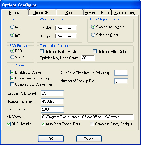 Вкладка General окна Options Configure