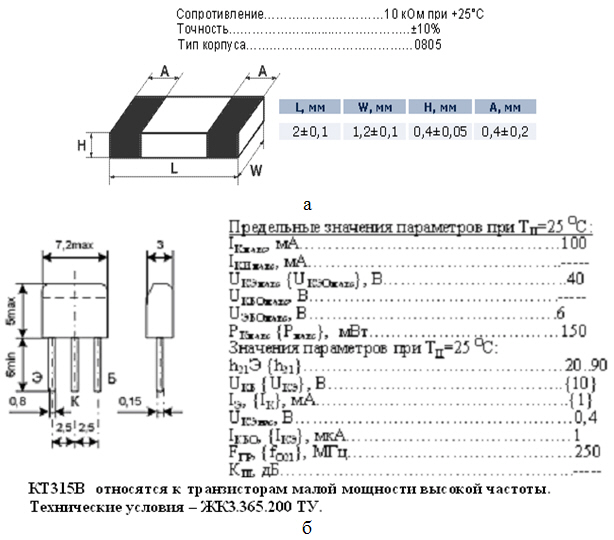 Справочные данные на элементы: a- chip NTC-термистор EPCOS C620, б- dip- транзистор КТ315В