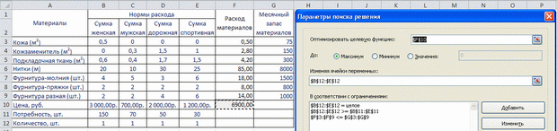 Заполнение диалога "Параметры поиска решения"