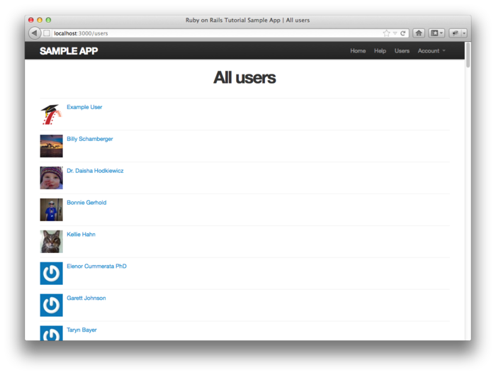 Страница списка пользователей /users с 100 образцов пользователей.