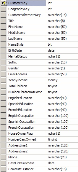  Состав столбцов таблицы измерений DimCusromer и их типы данных 