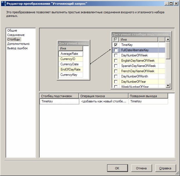  Вкладка "Столбцы" редактора преобразования "Уточняющий запрос"