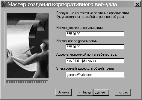 Телефон и факс организации, адрес веб-мастера и ящика для общей почты